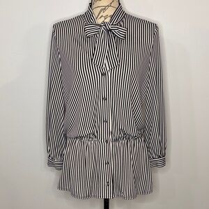 Ann Taylor striped stretch button front top blouse tie neck blouson sleeves S